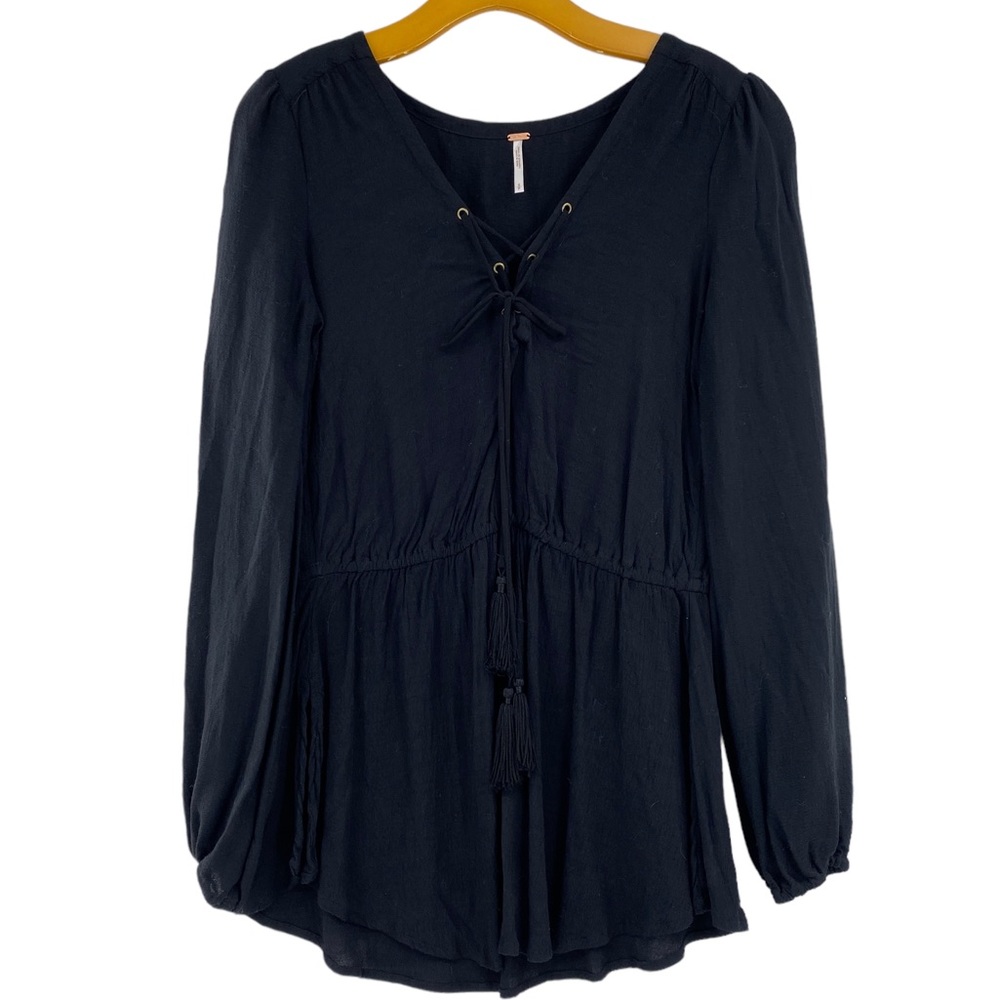💕SALE💕 Free People Black Wildest Moment Lace Up Gathered Waist Boho Tunic Top - Picture 5 of 9